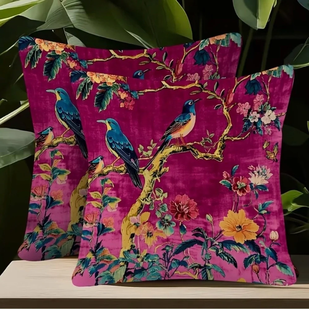 NWT Set of Two (2) Bird Floral Pillow Covers 18x18 Vintage Cottagecore Zipper